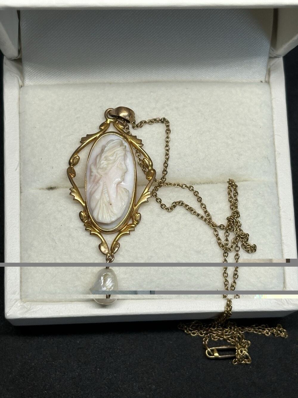 Antique Art Nouveau Lavalier Cameo 10k Pearl Dangle Pendant W GF Chain Necklace